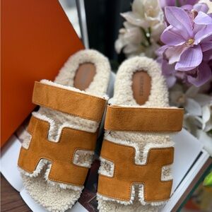Hermes Tan and Cream Shearling Loafers